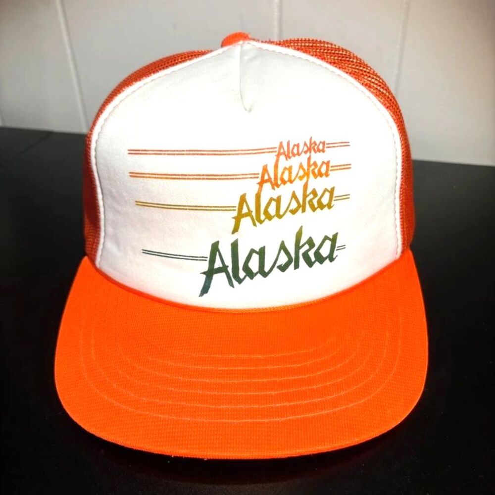 Vintage Hanes "Alaska" Orange Striped Foam Trucker Hat